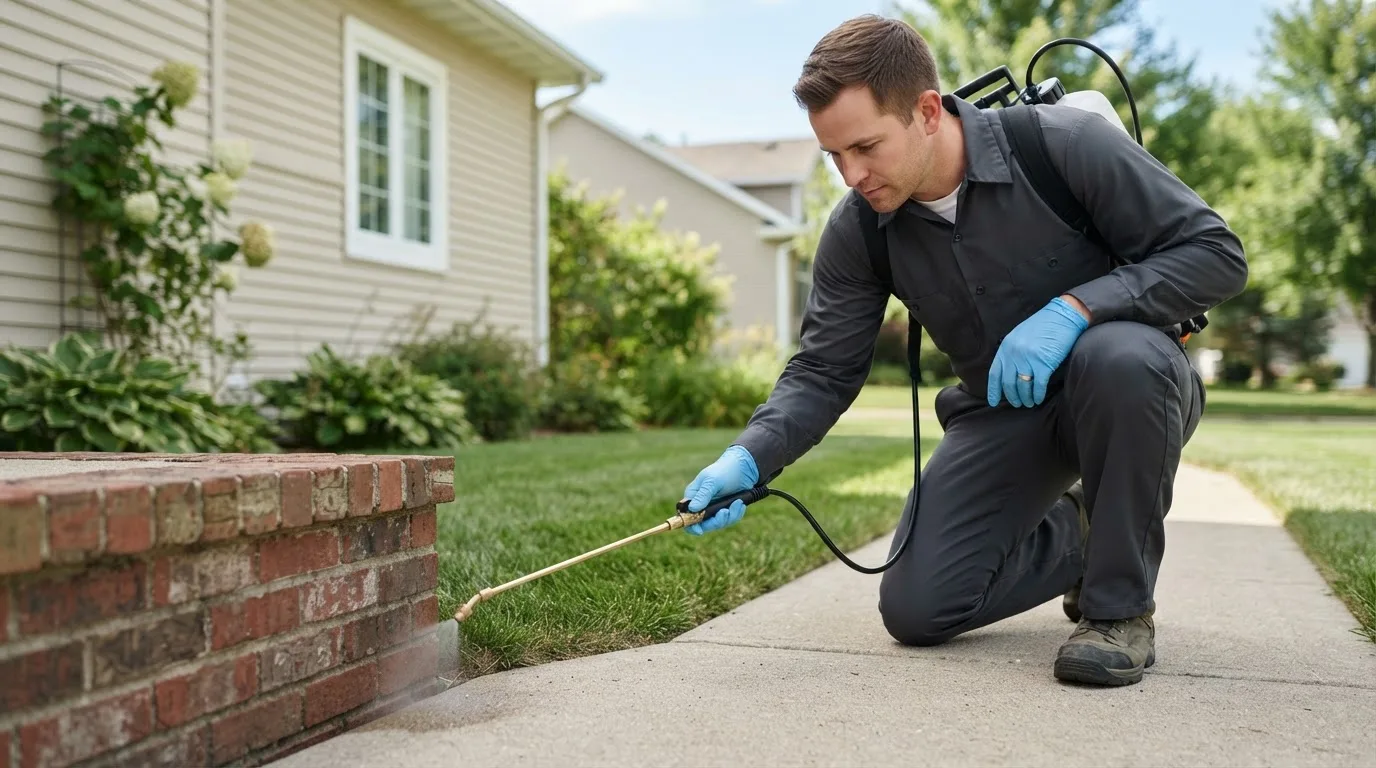 Pest control technician treating a home near Bertrand, NE
