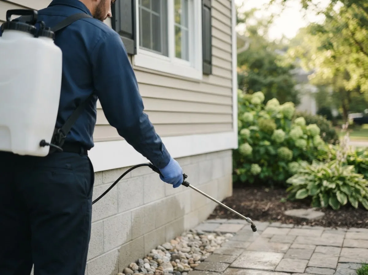 Pest control technician inspecting a home in Bertrand, NE